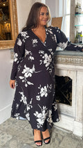 CurveWow Petite Long Sleeve Wrap Dress Black White Floral