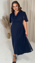 CurveWow Cowl Neck Mesh Angel Sleeve Dress Navy