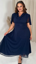 CurveWow Cowl Neck Mesh Angel Sleeve Dress Navy