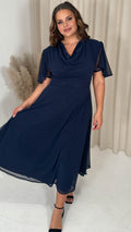 CurveWow Cowl Neck Mesh Angel Sleeve Dress Navy