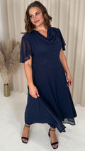 CurveWow Cowl Neck Mesh Angel Sleeve Dress Navy