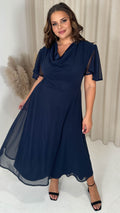 CurveWow Cowl Neck Mesh Angel Sleeve Dress Navy