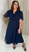 CurveWow Cowl Neck Mesh Angel Sleeve Dress Navy