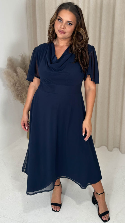 CurveWow Cowl Neck Mesh Angel Sleeve Dress Navy