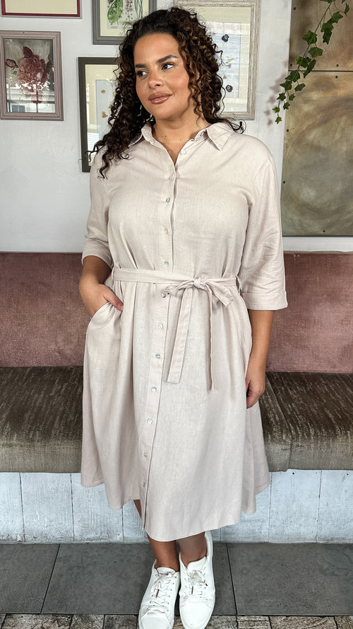 CurveWow Linen Midi Shirt Dress Cream