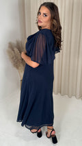 CurveWow Cowl Neck Mesh Angel Sleeve Dress Navy