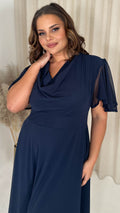 CurveWow Cowl Neck Mesh Angel Sleeve Dress Navy