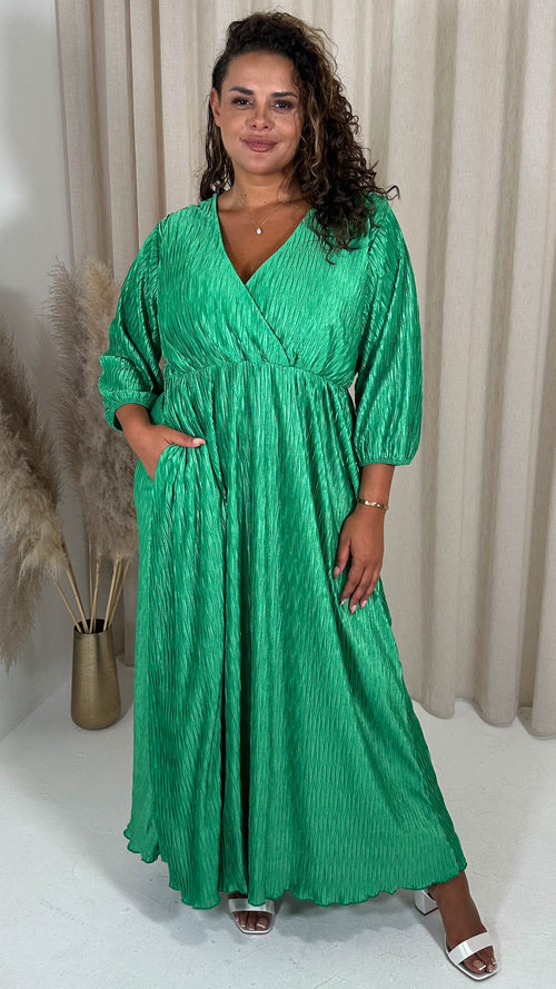 CurveWow Zigzag Plisse Balloon Sleeve Maxi Dress Green