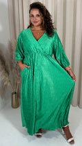 CurveWow Zigzag Plisse Balloon Sleeve Maxi Dress Green