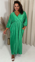 CurveWow Zigzag Plisse Balloon Sleeve Maxi Dress Green