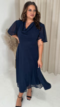 CurveWow Cowl Neck Mesh Angel Sleeve Dress Navy