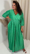 CurveWow Zigzag Plisse Balloon Sleeve Maxi Dress Green