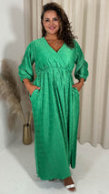 CurveWow Zigzag Plisse Balloon Sleeve Maxi Dress Green