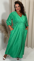 CurveWow Zigzag Plisse Balloon Sleeve Maxi Dress Green