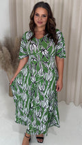 CurveWow Angel Sleeve Tie Back Maxi Dress Green Floral