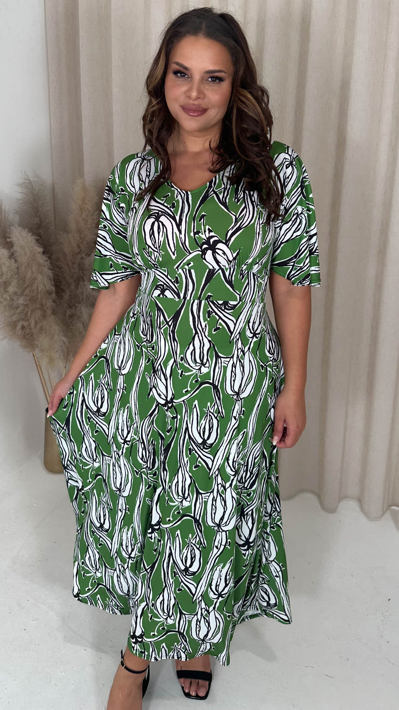 CurveWow Angel Sleeve Tie Back Maxi Dress Green Floral