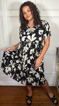 CurveWow Printed V Neck Smock Dress Mono Floral