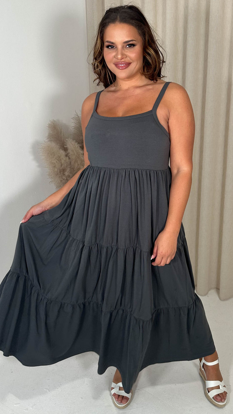 CurveWow Tiered Maxi Dress Charcoal Grey