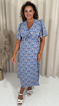 CurveWow Frill Bust Vneck Tea Dress Blue Floral