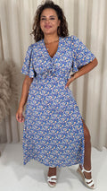 CurveWow Frill Bust Vneck Tea Dress Blue Floral