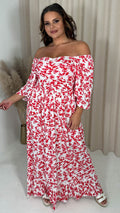 CurveWow Ruched Front Angel Sleeve Maxi Red Floral