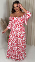 CurveWow Ruched Front Angel Sleeve Maxi Red Floral