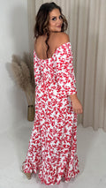 CurveWow Ruched Front Angel Sleeve Maxi Red Floral