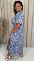 CurveWow Frill Bust Vneck Tea Dress Blue Floral