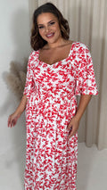 CurveWow Ruched Front Angel Sleeve Maxi Red Floral