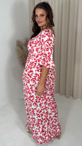 CurveWow Ruched Front Angel Sleeve Maxi Red Floral