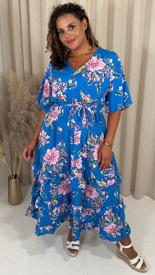 CurveWow V-Neck Ruffle Hem Floral Maxi Dress Blue Tropical