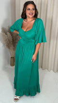 CurveWow Ruched Front Angel Sleeve Maxi Dress Green