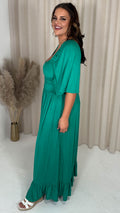 CurveWow Ruched Front Angel Sleeve Maxi Dress Green