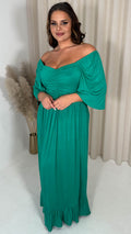 CurveWow Ruched Front Angel Sleeve Maxi Dress Green