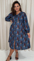 CurveWow V Neck Front Slit Midi Dress Blue Animal