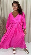 CurveWow Zigzag Plisse Balloon Sleeve Maxi Dress Hot Pink