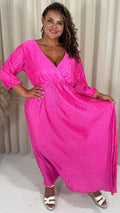 CurveWow Zigzag Plisse Balloon Sleeve Maxi Dress Hot Pink