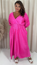 CurveWow Zigzag Plisse Balloon Sleeve Maxi Dress Hot Pink