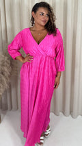 CurveWow Zigzag Plisse Balloon Sleeve Maxi Dress Hot Pink