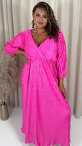 CurveWow Zigzag Plisse Balloon Sleeve Maxi Dress Hot Pink