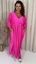 CurveWow Zigzag Plisse Balloon Sleeve Maxi Dress Hot Pink