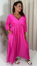 CurveWow Zigzag Plisse Balloon Sleeve Maxi Dress Hot Pink