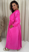 CurveWow Zigzag Plisse Balloon Sleeve Maxi Dress Hot Pink