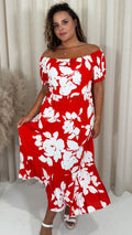 CurveWow Bardot Midi Dress Red/Orange Floral