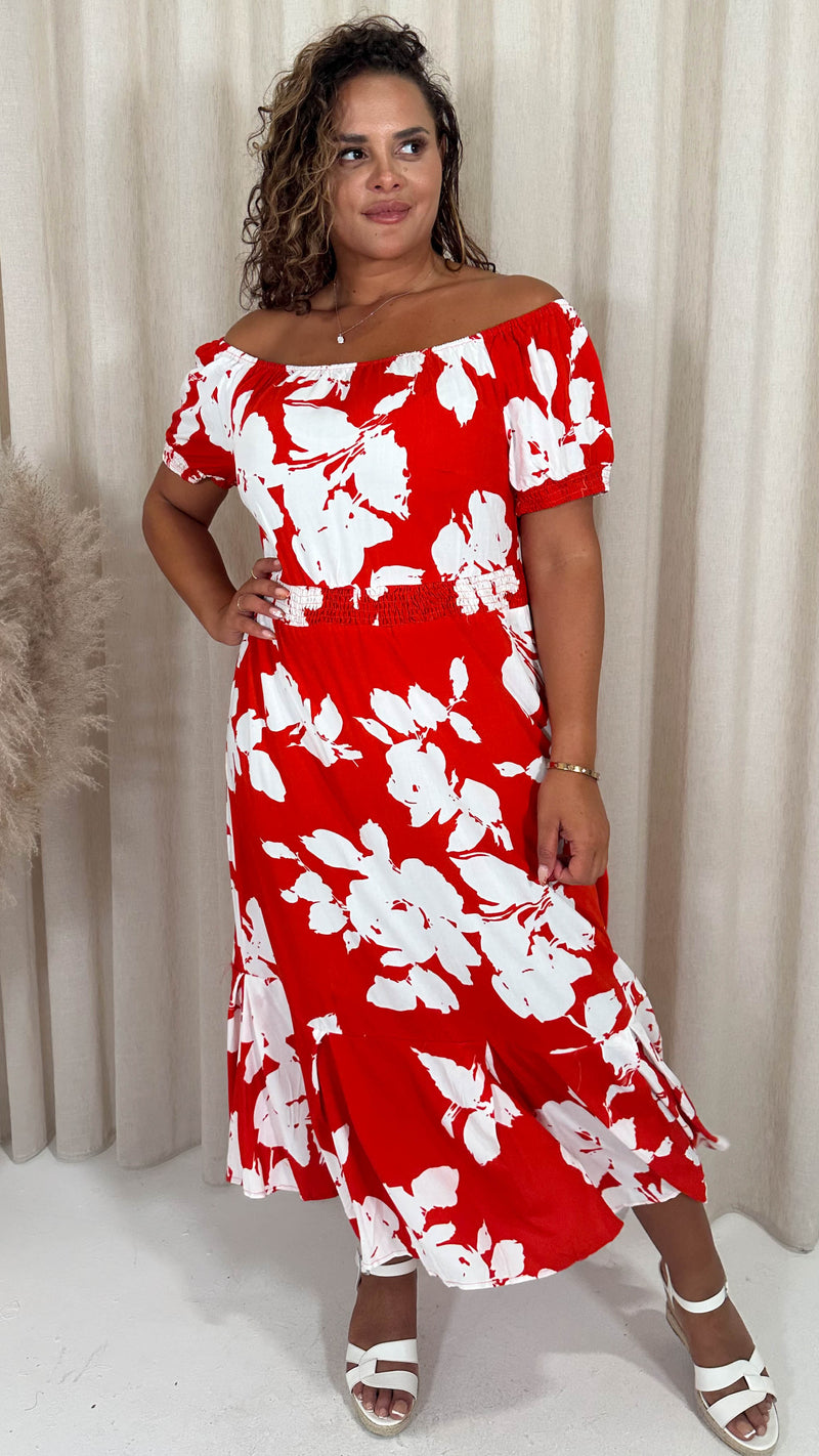 CurveWow Bardot Midi Dress Red/Orange Floral