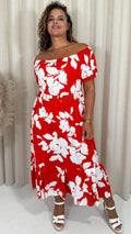 CurveWow Bardot Midi Dress Red/Orange Floral