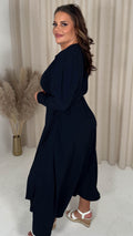 CurveWow Long Pleat Sleeve Wrap Dress Dark Navy