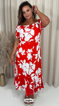 CurveWow Bardot Midi Dress Red/Orange Floral