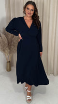 CurveWow Long Pleat Sleeve Wrap Dress Dark Navy