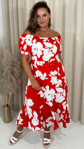 CurveWow Bardot Midi Dress Red/Orange Floral